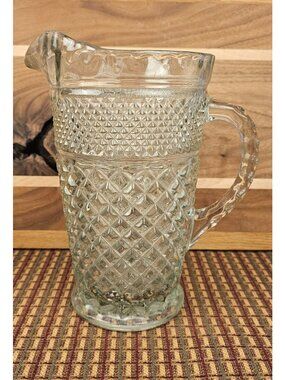 Vintage Clear Glass Pitcher With Diamond Pattern Scalloped Rim & Handle 8.5 Inch